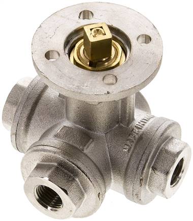 3-Wege-Kugelhahn, Direktmontageflansch G 1/4", L-Bohrung, Messing