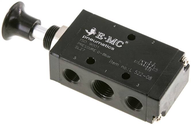5/2-Wege Axial-Handhebelventil, Raste, G 1/4" (Abluft G 1/8")