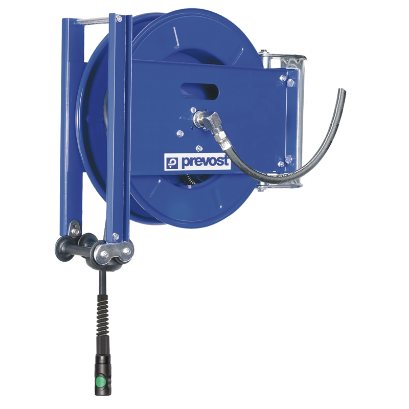 Prevost Schlauchaufroller Serie DMO Länge= 15m, Ø Innen./Außen. 8 x 14 mm, max. Betriebsdruck 12 bar, DMO 0815IS - Mittleres Modell - Mit Sicherheitskupplung und Gummischlauch