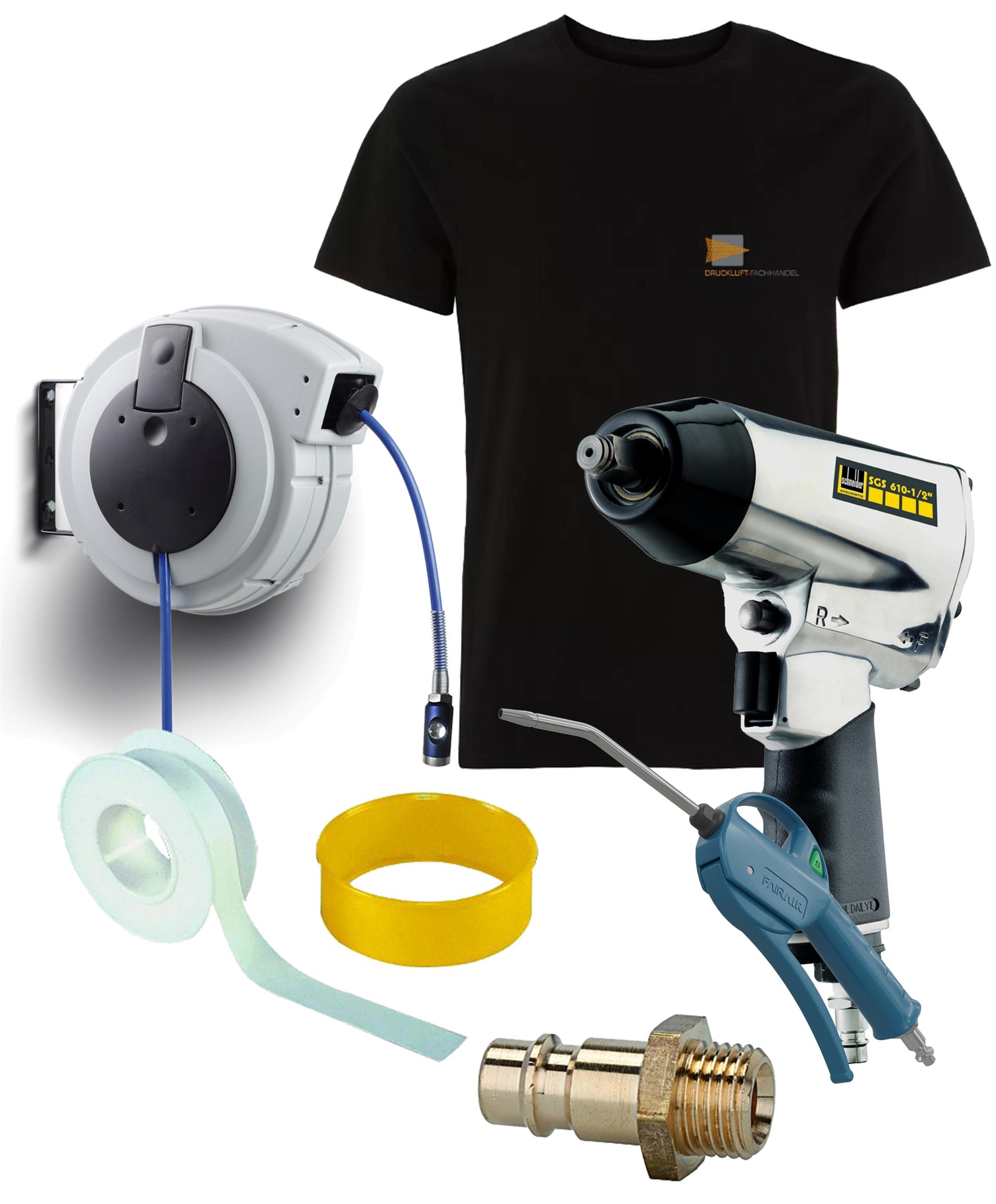 OFFERTA SET-FAIRAIR Avvolgitubo PU1015 Pistola di soffiaggio, avvitatore ad impulsi e maglietta DF in XL