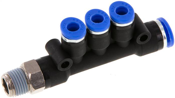 Steckanschluss-Mehrfachvert. R 1/8"-6mm-4mm, IQS-Standard 3 Abgänge