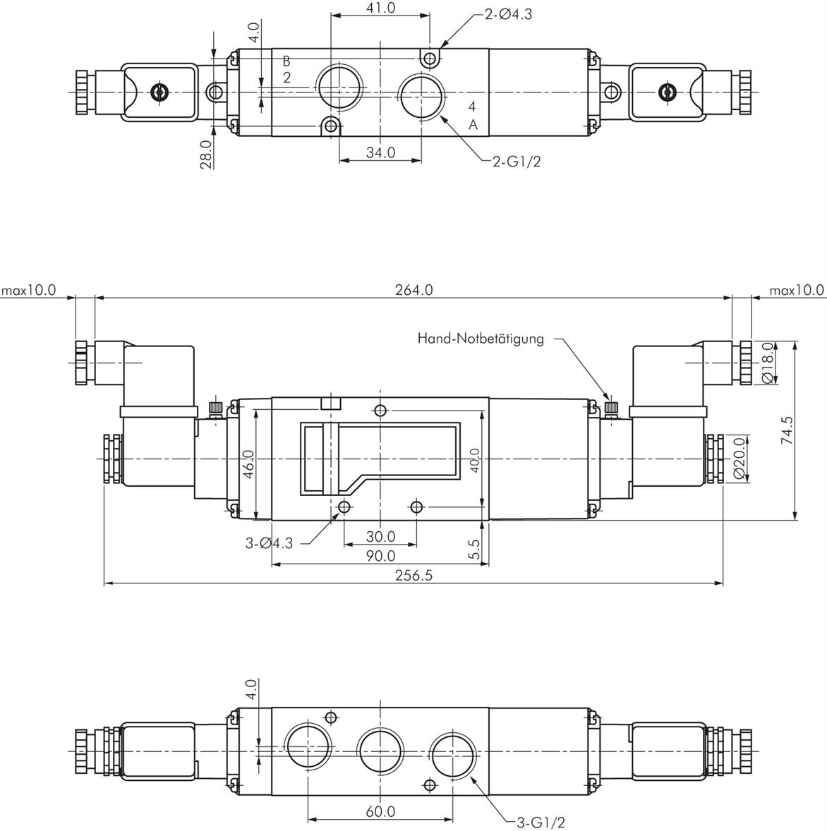 5/3-Wege Magnetventil, G 1/2", Mittelstellung belüftet, 12 V=
