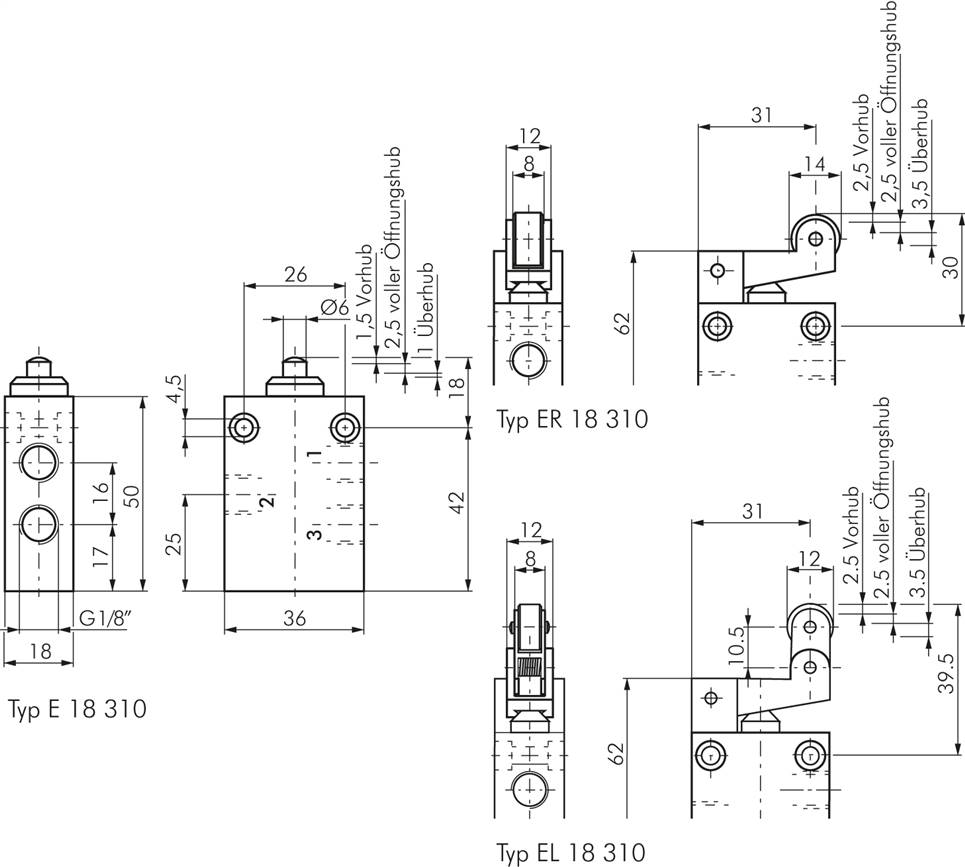 3/2-Wege (NC/NO) Endschalter mit Leerrücklaufrolle, G 1/8"