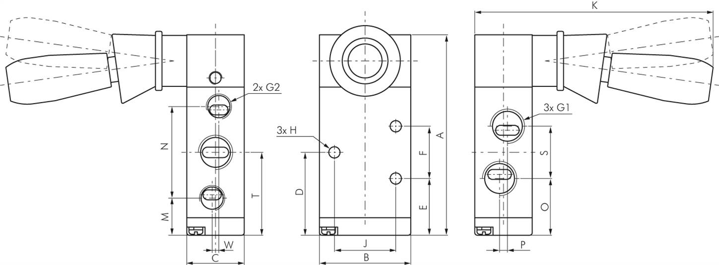 5/2-Wege Handhebelventil, Raste, G 1/4" (Abluft G 1/8")