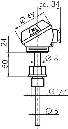 Widerstandsthermometer Pt100 (2-Leiter), G1/2"-6x100mm, mit kurzem Halsrohr