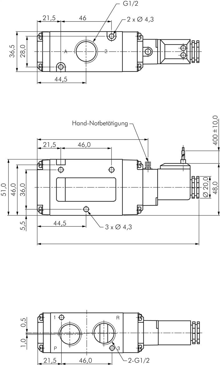 3/2-Wege Magnetventil, G 1/2", Federrückstellung (NO), 12 V=