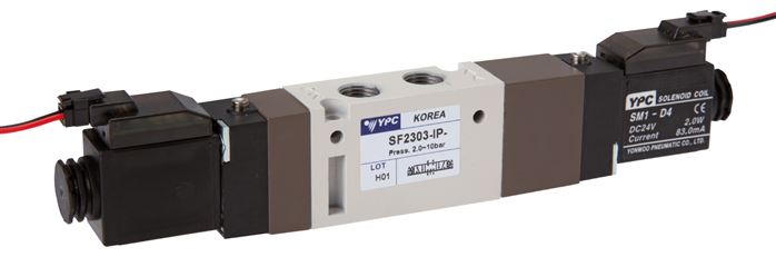 5/3-Wege Magnetventil, G 1/8", Mittelstellung geschlossen, 24 V=, Stecker SY100, mit LED inkl. 600 mm Kabel