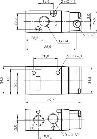 3/2-Wege Pneumatikventil, G 1/4" (Pilot G 1/8"), Federrückstellung (NO)
