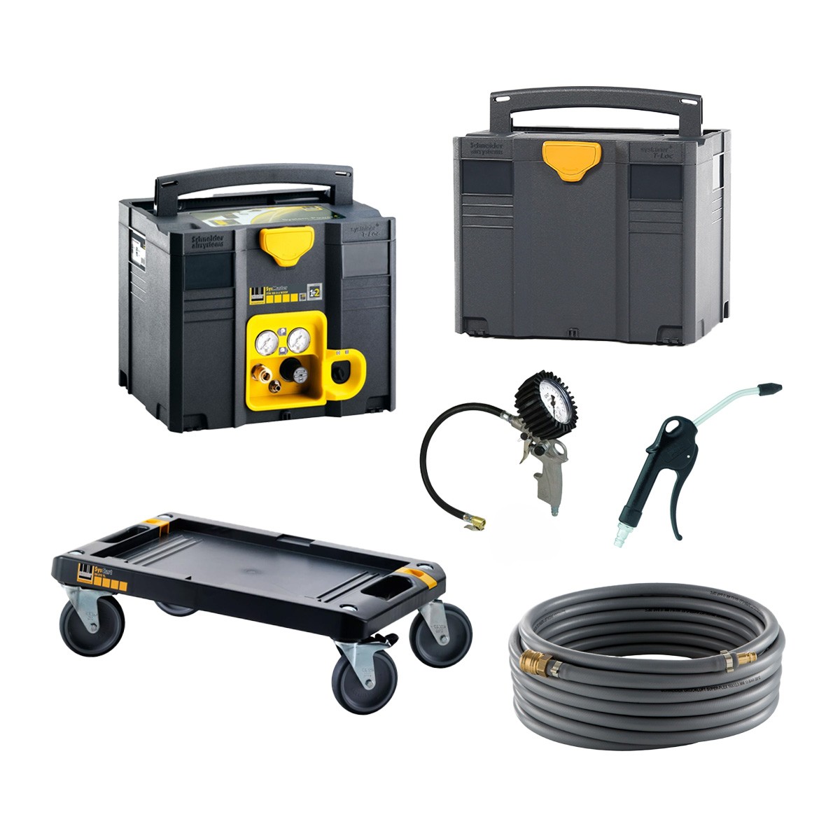 OFFERTA Set universale SysMaster con compressore SysMaster 150-8-6-WXOF + Systainer SYS 4 TL + tavola a rulli e gonfiatore di pneumatici calibrato, pistola di soffiaggio e tubo per aria compressa