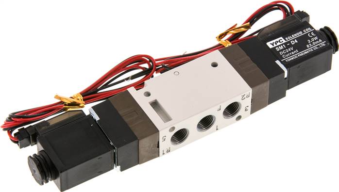 5/2-Wege Magnetventil, G 1/8", Impulsventil, 24 V=, Stecker SY100, mit LED inkl. 600 mm Kabel