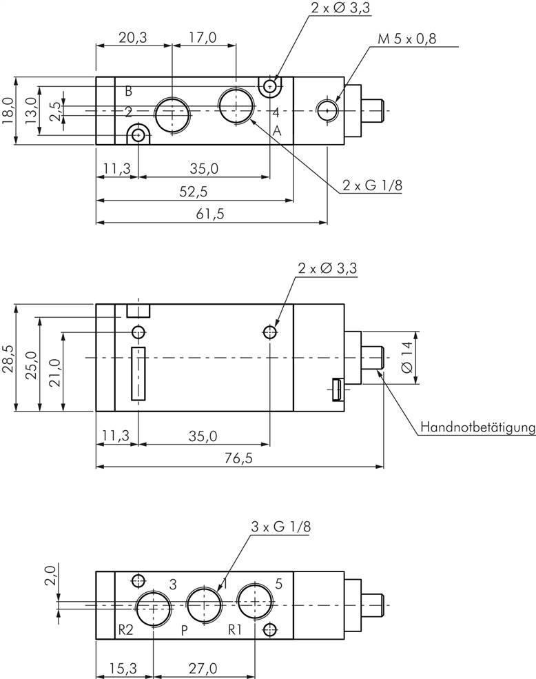 5/2-Wege Pneumatikventil, G 1/8" (Pilot M5), Federrückstellung