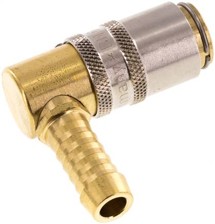 Temperier-Schnellkupplung (Winkel 90°) 9mm Zapfen, 9 (3/8")mm Schlauch, ohne Ventil mit Entriegelungssicherung