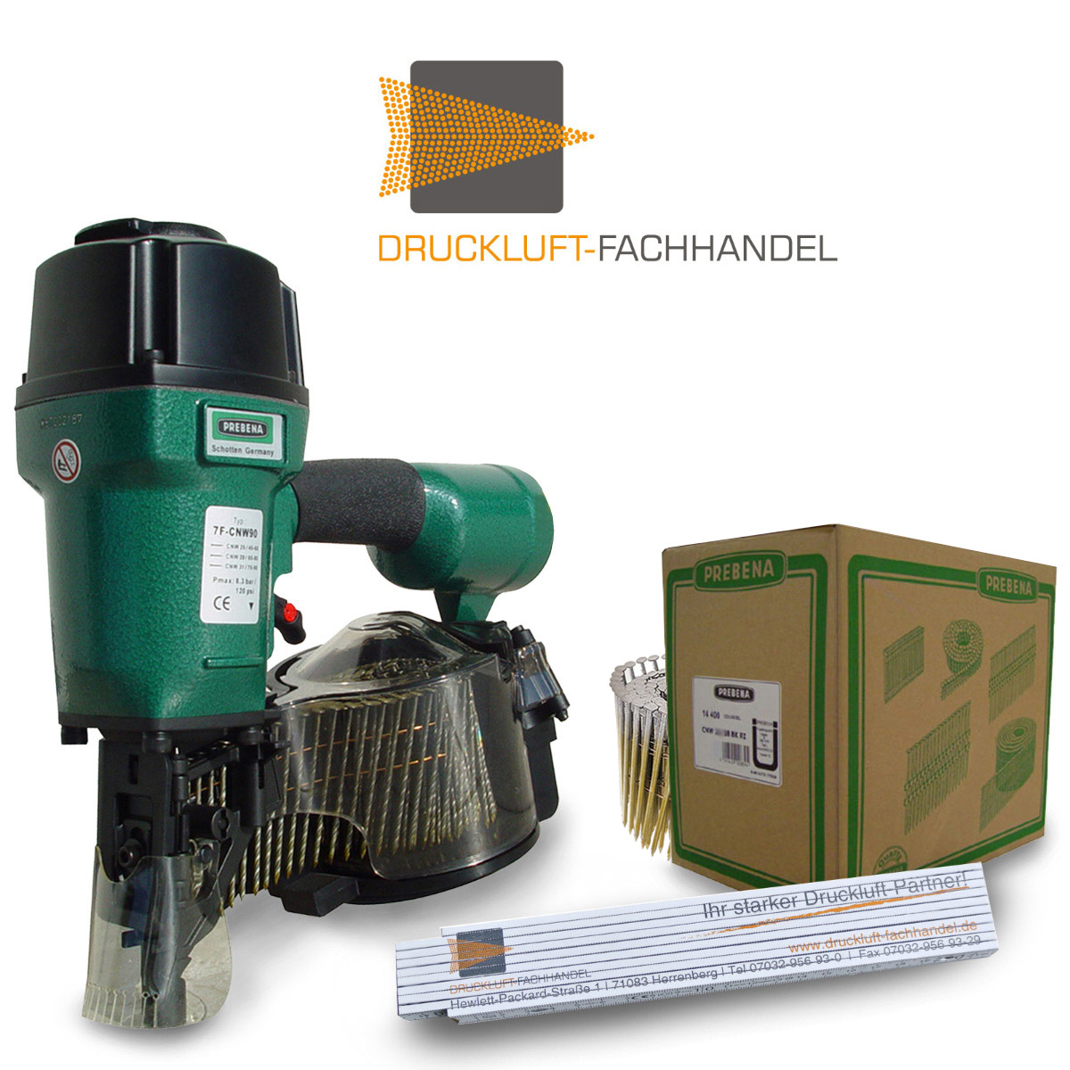 AKTION Prebena Coilnagler 7F-CNW90 + 1 Schachtel CNW31/80BKRI Inhalt 3600 Stück + DF-Meterstab