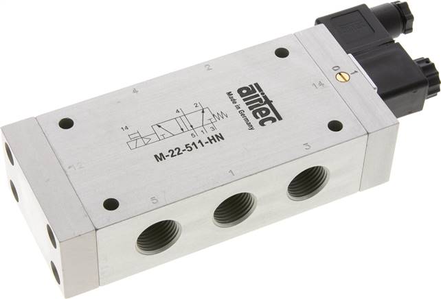5/2-Wege Magnetventil, G 1/2", Feder, 230 V AC
