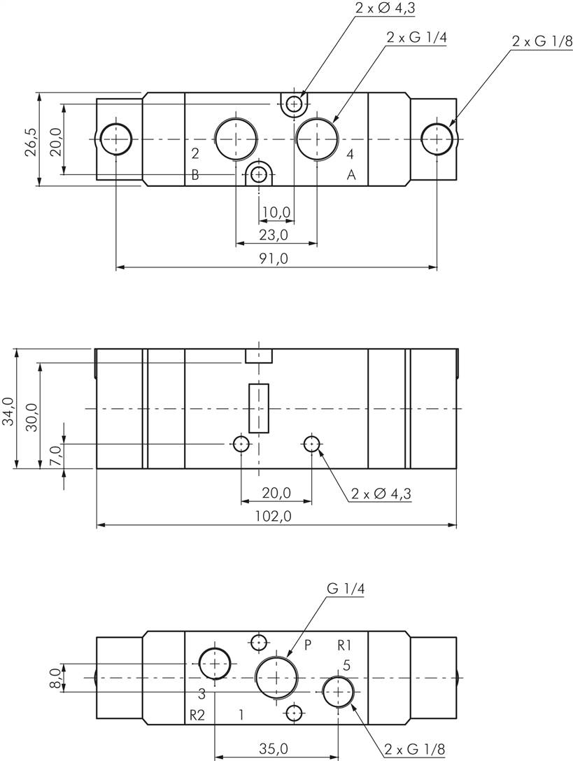 5/2-Wege Pneumatikventil, G 1/4" (Pilot u. Abluft G 1/8"), Impulsventil