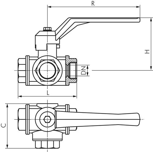 3-Wege Kugelhahn, Messing, L-Bohrung, G 3/4", -0,9 bis 50bar
