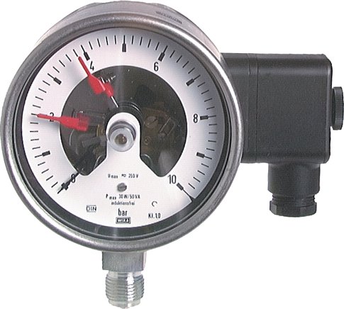 Sicherheits-Kontaktmanometer, senkrecht, 100mm, 0 - 100 bar, 1 Öffner- 1 Schliesskontakt, Edelstahl