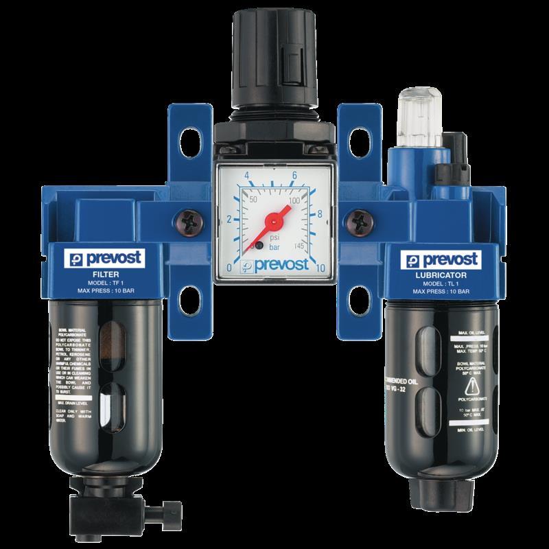 PREVOST ALTO 1 - Dreifachblock - Filterregler mit Manometer und Öler mit Wandbefestigungsset G1/4''