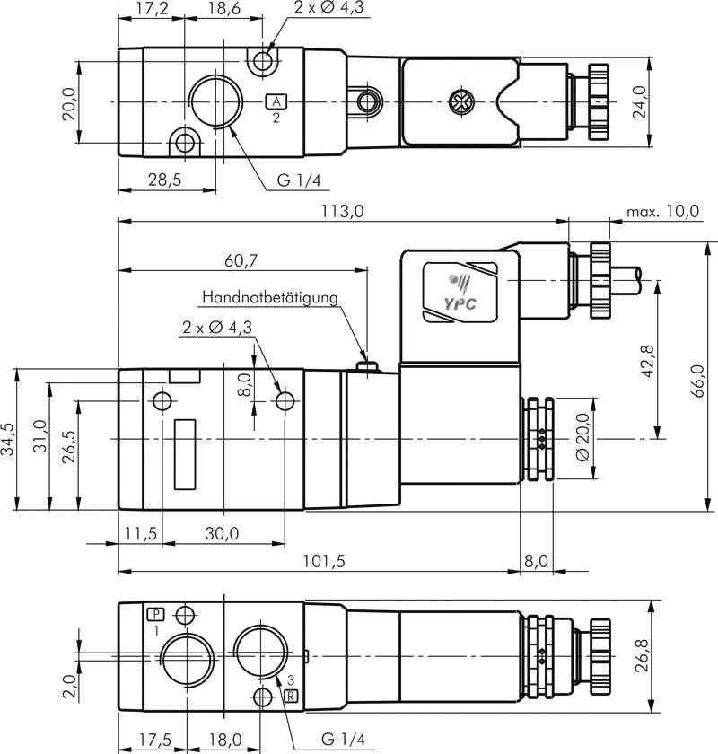 3/2-Wege Magnetventil, G 1/4", Federrückstellung (NO), 230 V AC, Pilot aus Polyamid