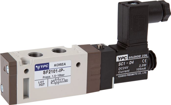 5/2-Wege Magnetventil, G 1/8", Federrückstellung, 230 V AC, Norm-Stecker Grösse 0