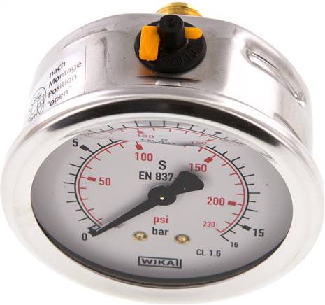 Glycerin-Manometer waagerecht (CrNi/Ms),63mm, 0 - 16bar