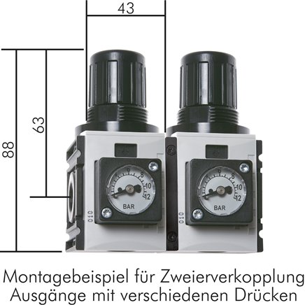 FUTURA Druckregler, G 1/4", 0,2 - 4bar, Baureihe 0, mit durchgehender Druckversorgung, Kompaktmanometer