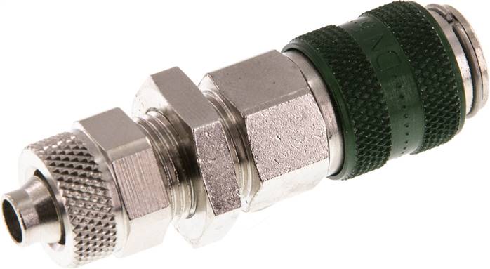 Schott-Schnellkupplung (NW5) 8x6mm Schlauch, Messing vernickelt, für Stecker beidseitig absperrend, grün