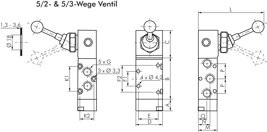 5/3-Wege Handhebelventil, G 1/4", Mittelstellung entlüftet, Raste, XMV 2420
