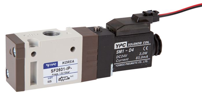 3/2-Wege Magnetventil, G 1/8", Federrückstellung (NC), 24 V=, Stecker SY100, mit LED inkl. 600 mm Kabel