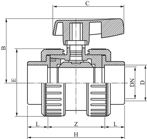 Klebemuffen-Kugelhahn, PVC-U / EPDM, 40mm (Wasserausf.)