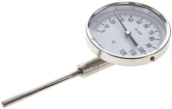 Bimetallthermometer, senkrecht D100/0 bis +120°C/100mm, Edelstahl