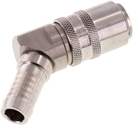 Temperier-Schnellkupplung (Winkel 45°) 13mm Zapfen, 13 (1/2")mm Schlauch, Edelstahl, ohne Ventil