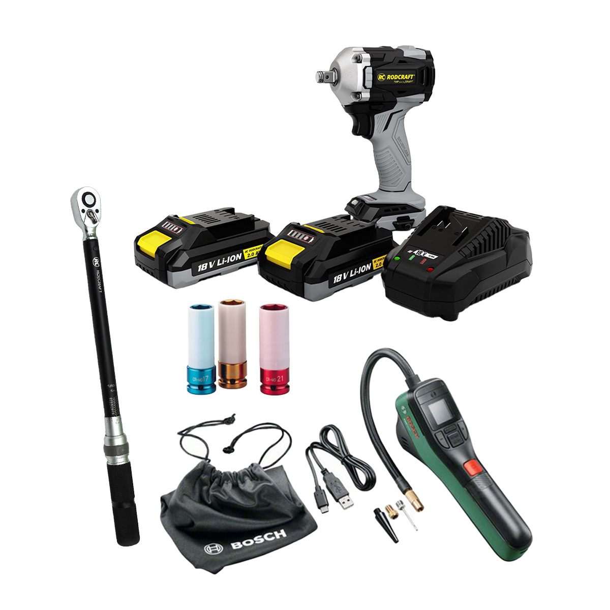 AKTION Reifenwechsel Set:Rodcraft Schlagschrauber + BOSCH EasyPump + AGRE 1/2"-Steckschlüssel-Set + KS Tools Drehmomentschlüssel G1/2