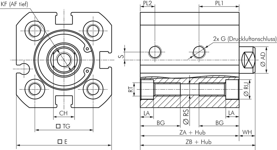 ISO 21287-Zylinder, einfachw., Kolben 20mm, Hub 25mm
