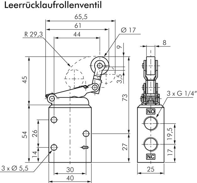 3/2-Wege Endschalter G 1/4", Leerrücklaufrolle