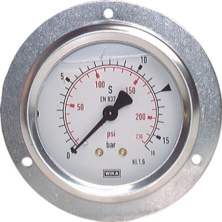 Glycerin-Einbaumanometer,Frontring, 63mm, -1 bis 0 bar