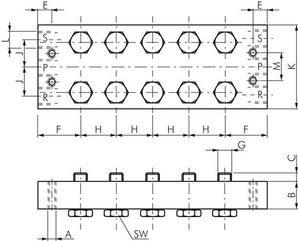 P-R-S-Leiste inkl. Hohlschrauben und Dichtungen für Ventilbaureihe M05 / P05 R 183/2