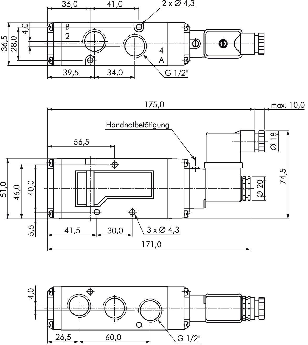 5/2-Wege Magnetventil, G 1/2", Impulsventil, 230 V AC