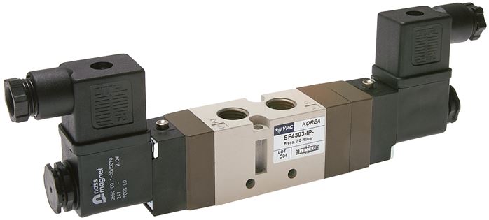 5/3-Wege Magnetventil, G 1/4" (Abluft G 1/8"), Mittelstellung geschlossen, 24 V