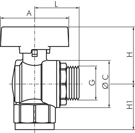 Messing-Winkelkugelhahn, DVGW, R 3/4" / Rp 3/4", -0,9 bis 40bar