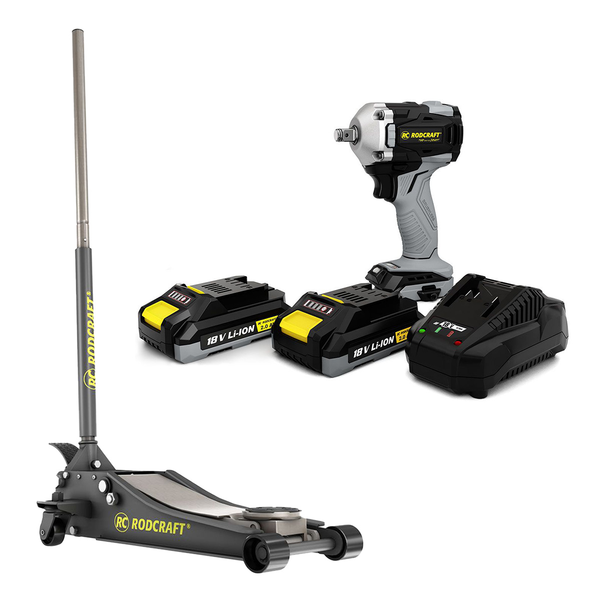 AKTION Rodcraft Wagenheber 2,5t RH216 + Rodcraft RC9067K2 Akku-Schlagschrauber "Mini eBeast"