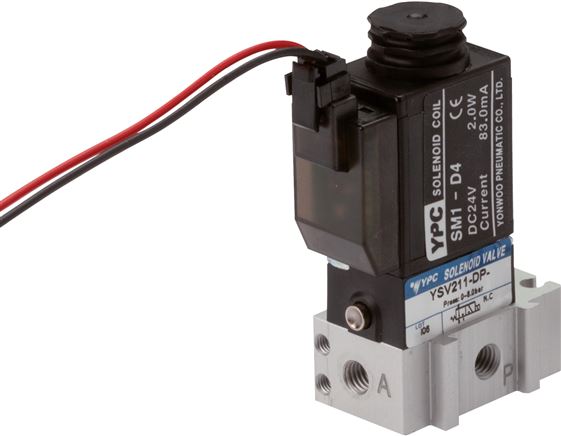 3/2-Wege Magnetventil, M 5, Federrückstellung (NC), 24 V=, mit LED inkl. 600 mm Kabel, Pilot: Polyamid