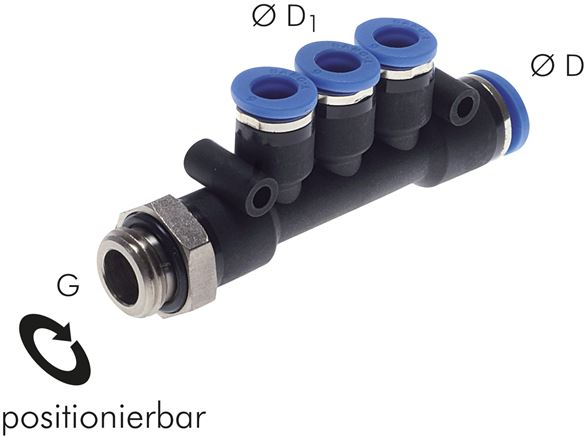 Steckanschluss-Mehrfachvert. G 1/4"-8mm-4mm, IQS-Standard 3 Abgänge