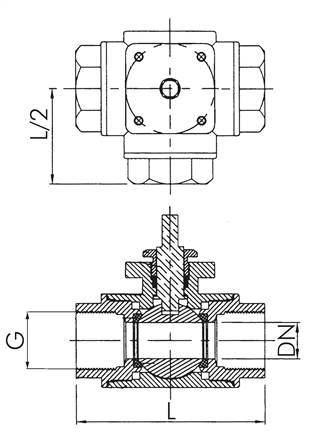 3-Wege-Kugelhahn, Direktmontageflansch G 3/4", T-Bohrung, Edelstahl 1.4408