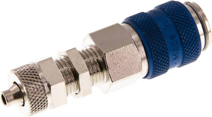 Schott-Schnellkupplung (NW5) 6x4mm Schlauch, Messing vernickelt, blau