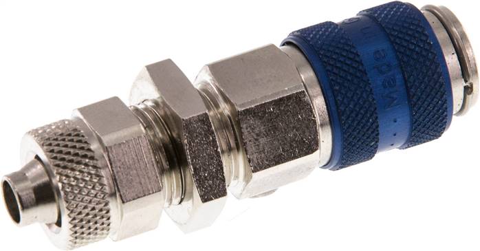 Schott-Schnellkupplung (NW5) 8x6mm Schlauch, Messing vernickelt, blau