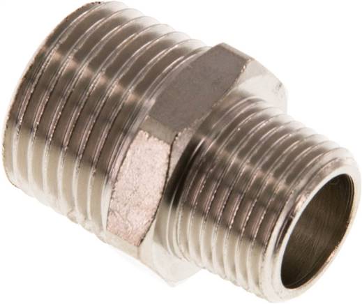 Doppelnippel R 1/2"-R 3/8", Messing vernickelt