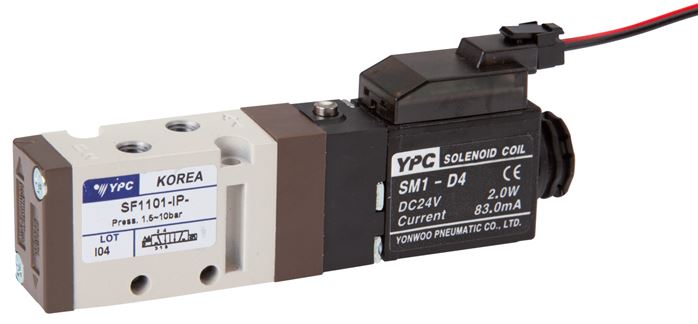 5/2-Wege Magnetventil, M 5, Federrückstellung, 24 V=, Stecker SY100, mit LED inkl. 600 mm Kabel
