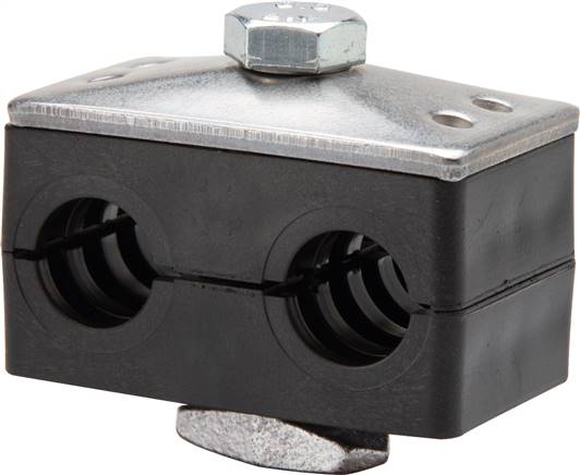 16mm Doppelrohrschelle mit Deckplatte & Tragschienenmutter zum Aufbau auf C-Trag