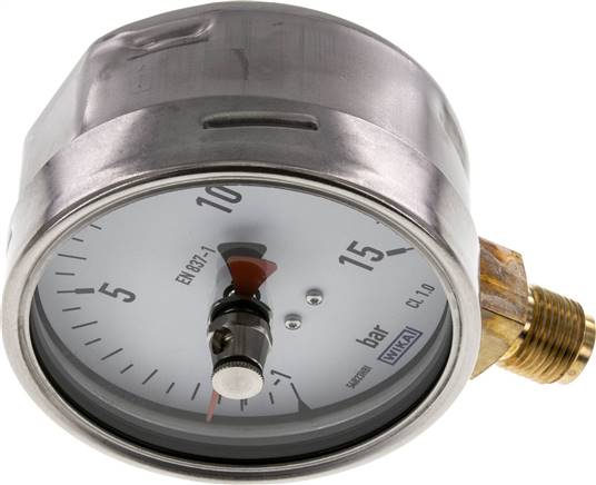 Manometer senkrecht (CrNi/Ms), 100mm, -1 bis 15 bar, mit rückstellbarem Schleppzeiger
